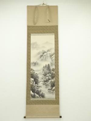 玉峰筆　水墨山水　肉筆絹本掛軸（保護箱）